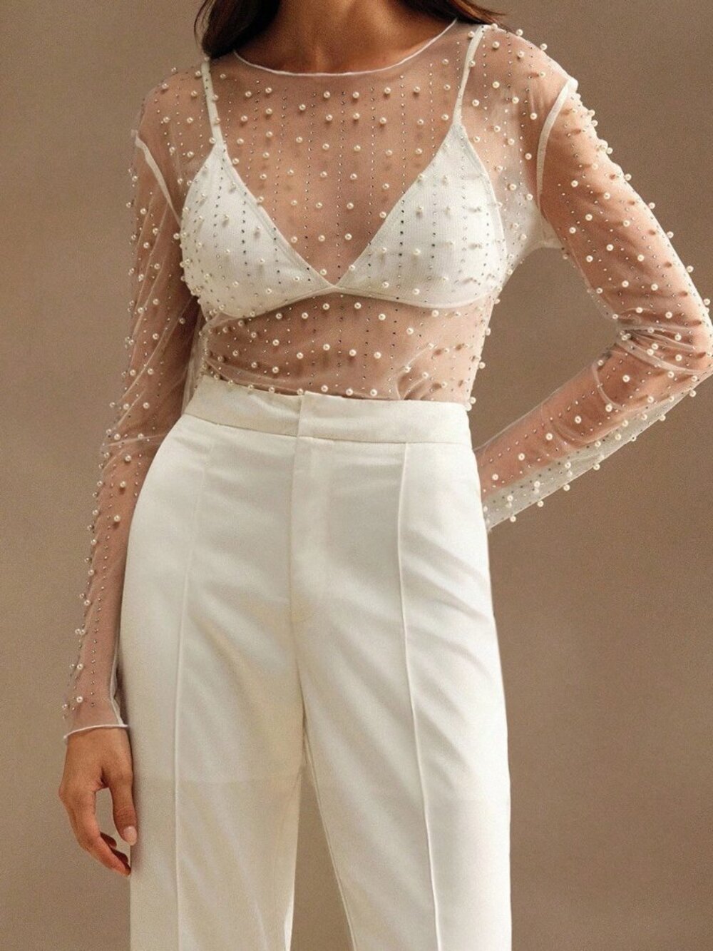 White Sexy Women's Sheer Mesh Long Sleeve Blouse